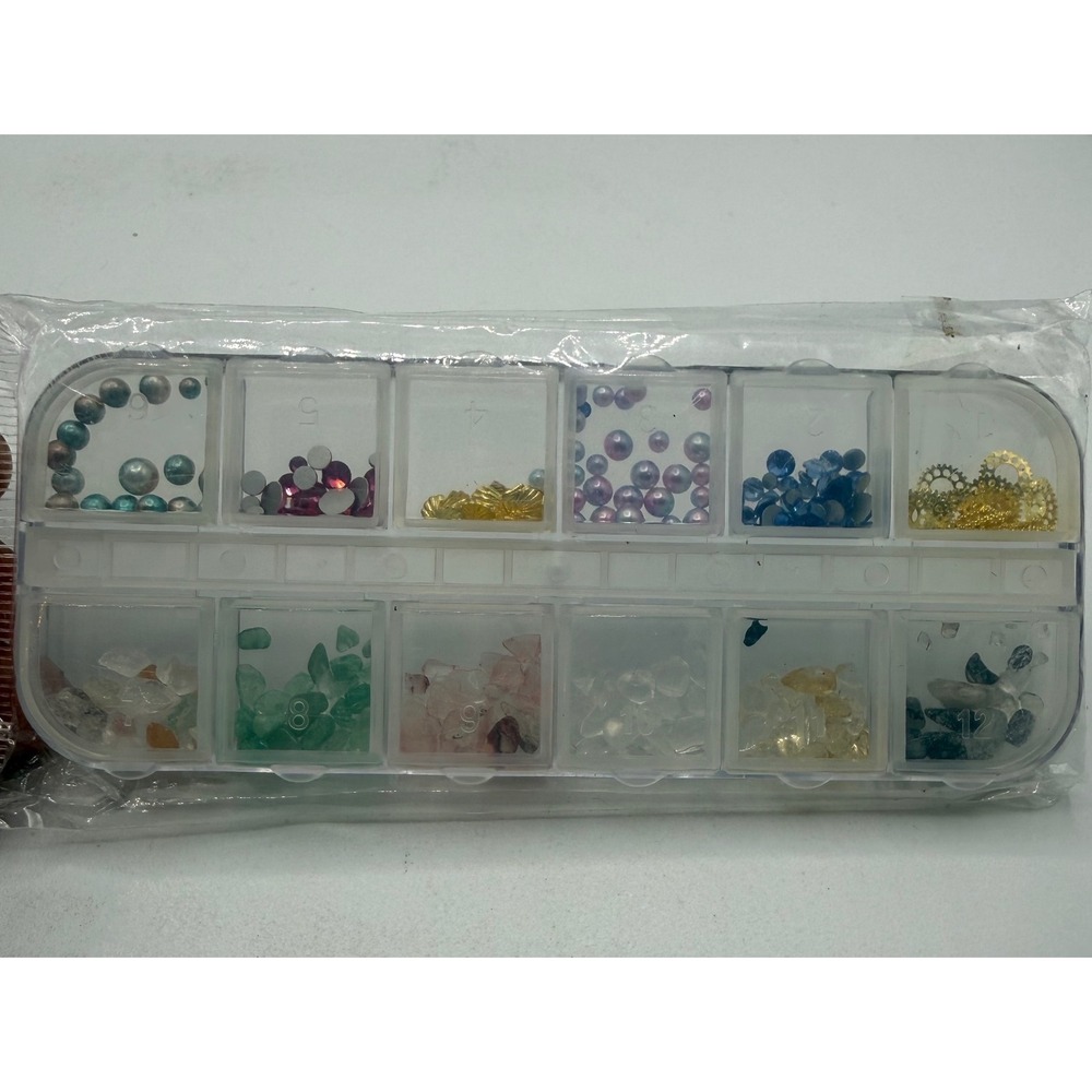 12 Slot Nail Art Decoration Kit Mixed Rhinestones Pearls Gears Gemstone‎ Chips